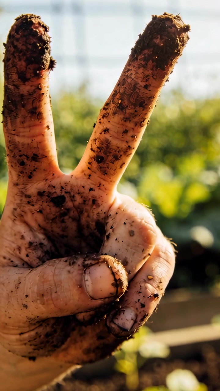 Video verticale: Mano sporca che entra e fa il segno della V mentre fa giardinaggio, con terra attaccata sotto le unghie.