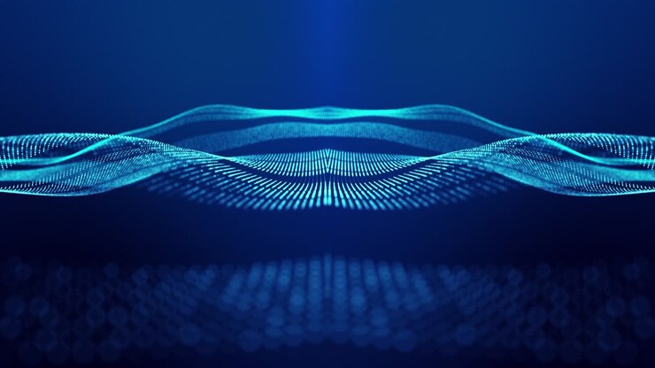 Sci-fi abstract theme with particle mirror waves. 4k looped abstract blue background of glow particles form curved lines, surfaces simmetrical structures. Digital bg with particle hologram.