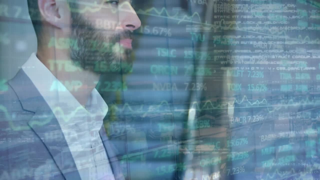 animación del procesamiento de datos financieros sobre el empresario caucásico