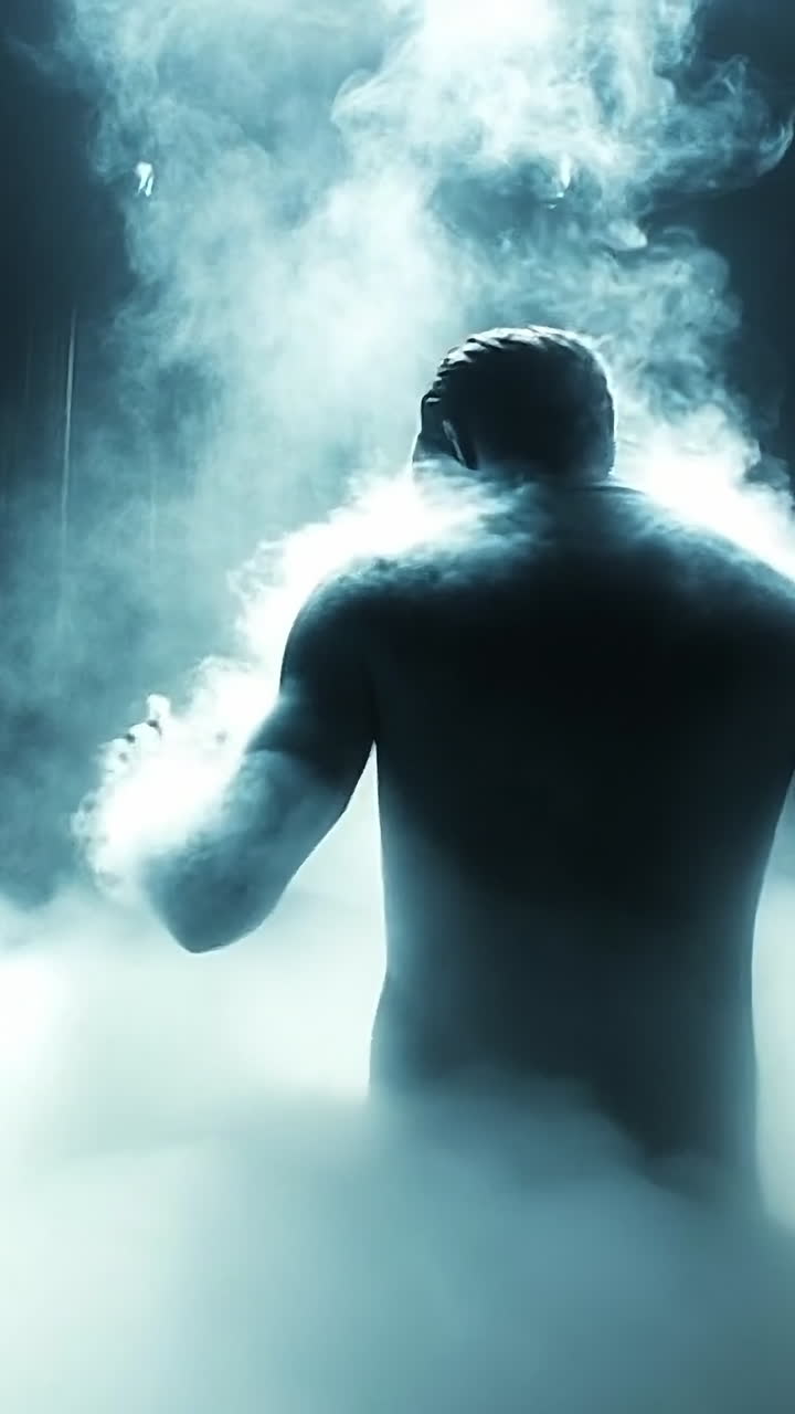 Spirit rising from the mist. A mysterious figure stands in a foggy, dimly lit space, creating an atmosphere of intrigue and intensity.