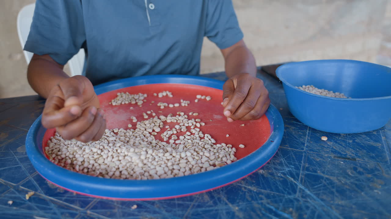 Person prepping beans on porch table, hands working over red sieve and blue bowl, outdoor household chore with market preparation vibe, focused steady movements, casual blue shirt, local commerce mood
