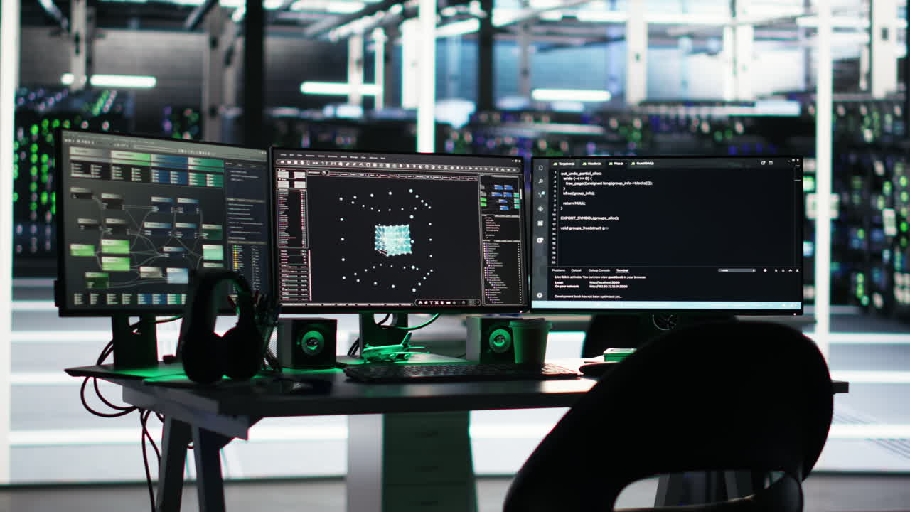 Monitors in data center displaying node tree programming software