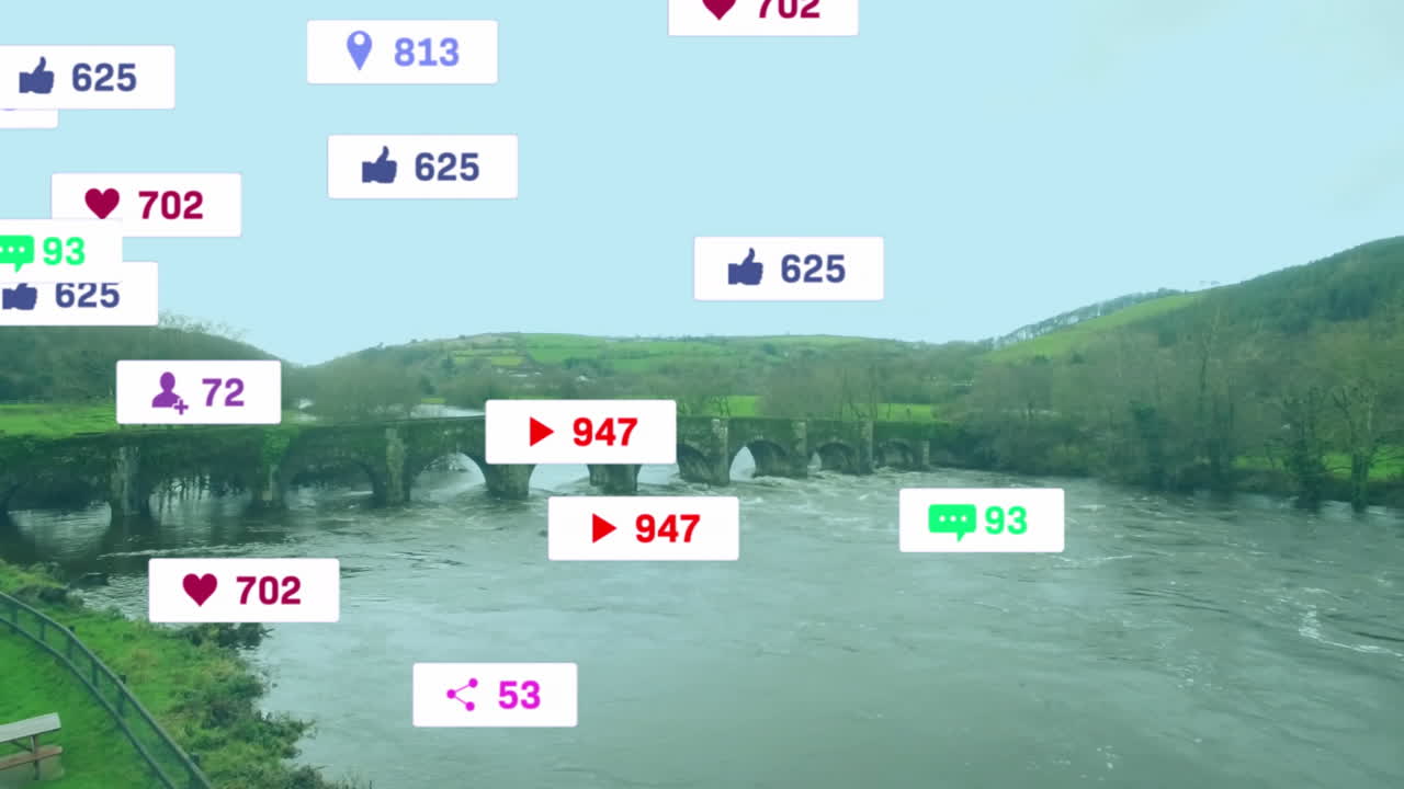 Ponte ad arco in pietra renderizzato in una scena rurale, con icone di social media sovrapposte che fluttuano in un rendering 3D