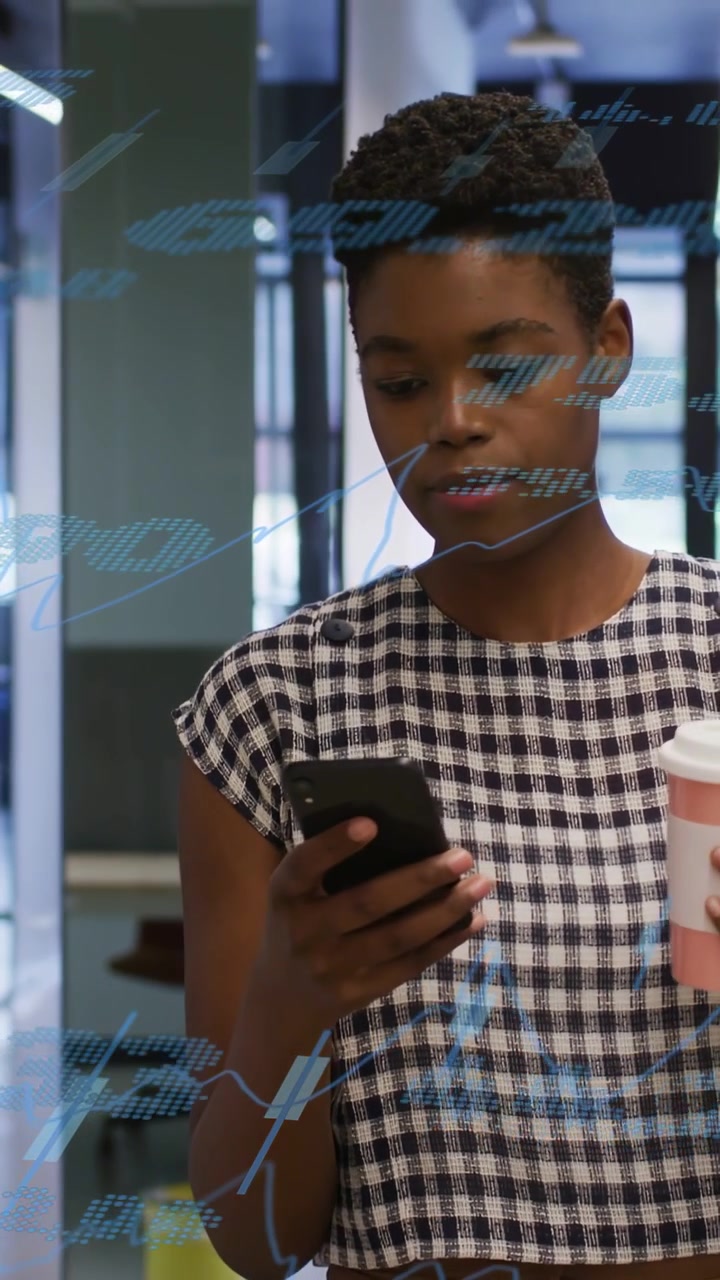 Vertical video: Office woman sipping cup reaching phone and starting work scrolling with blue HUD
