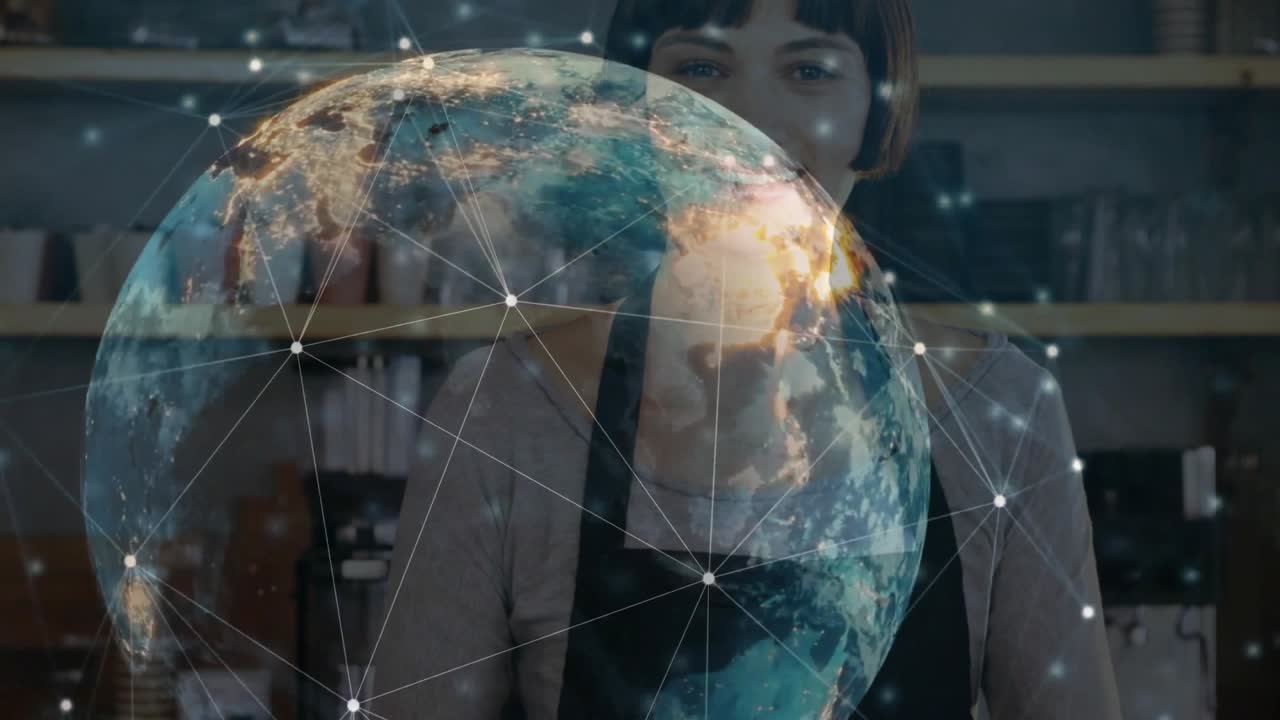 Barista con superposición de globo holográfico mostrando nodos y líneas de tecnología de red