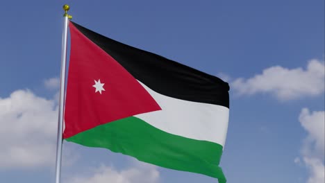 Flagge-Jordaniens-Bewegt-Sich-Im-Wind-Mit-Einem-Klaren-Blauen-Himmel-Im-Hintergrund,-Wolken-Bewegen-Sich-Langsam,-Fahnenmast,-Zeitlupe