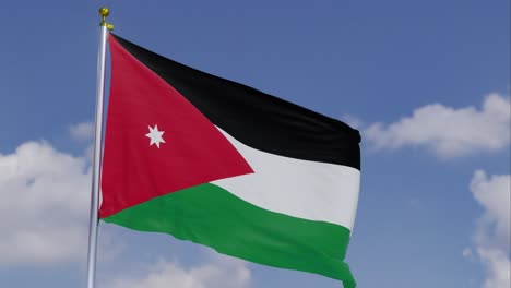 flag of jordan moving in the wind with a clear blue sky in the background, clouds slowly moving, flagpole, slow motion