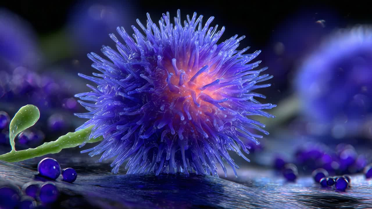 A Stunning Close-up of a Vibrant Purple Organic Structure with Intricate Spikes and Radiant Center, Enhanced by Surrounding Textures and Rich Colors in Nature's Palette