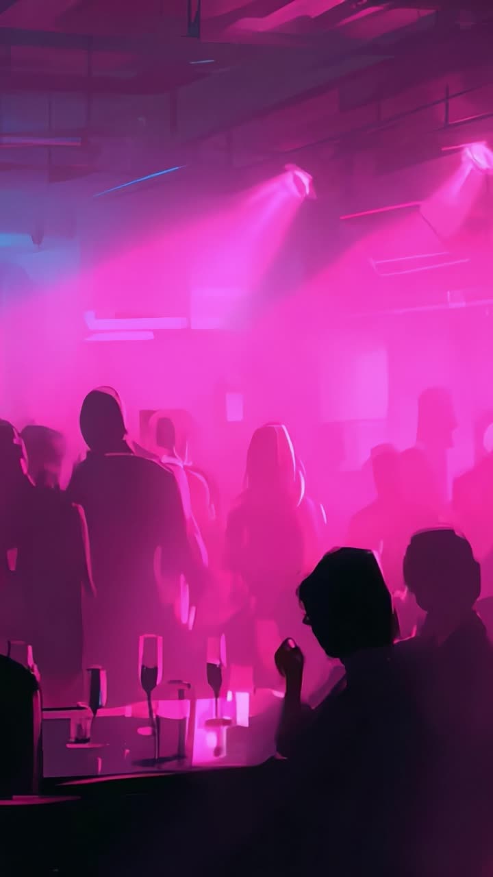 Neon pembe ve mavi ışıklar altında, renkli aydınlatma ve dans eden gölgelerle canlı ve enerjik bir atmosfer yaratan hareketli bir gece kulübü sahnesi