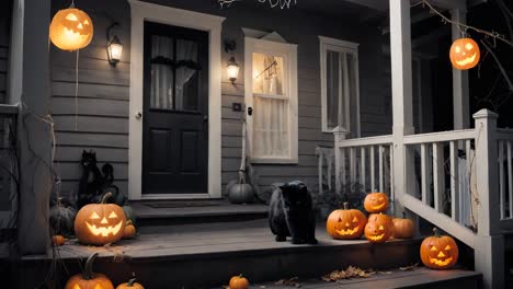 spooky halloween porch with pumpkins and black cat