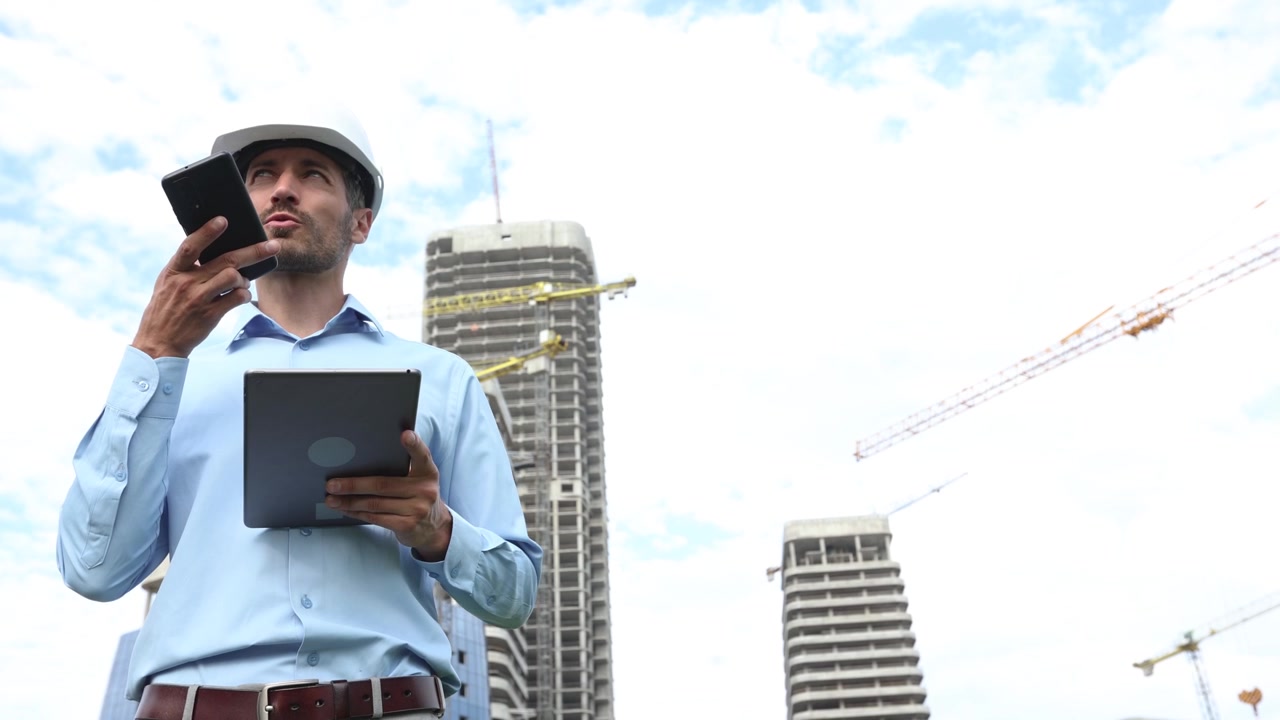 Ingeniero con casco usando smartphone y tableta en una obra de construcción
