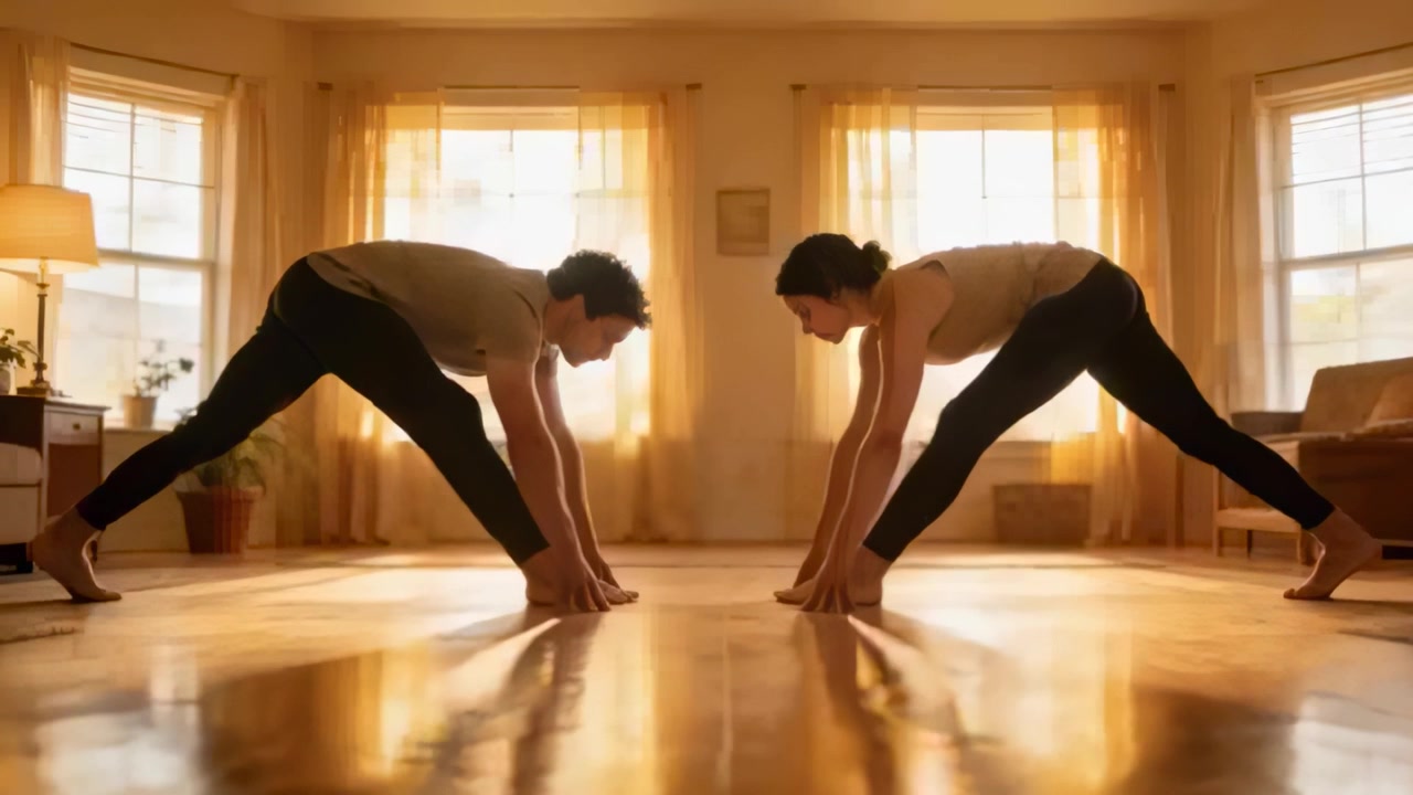 From lunge, couple practicing flow into mirrored standing in living room on floor, in light tops