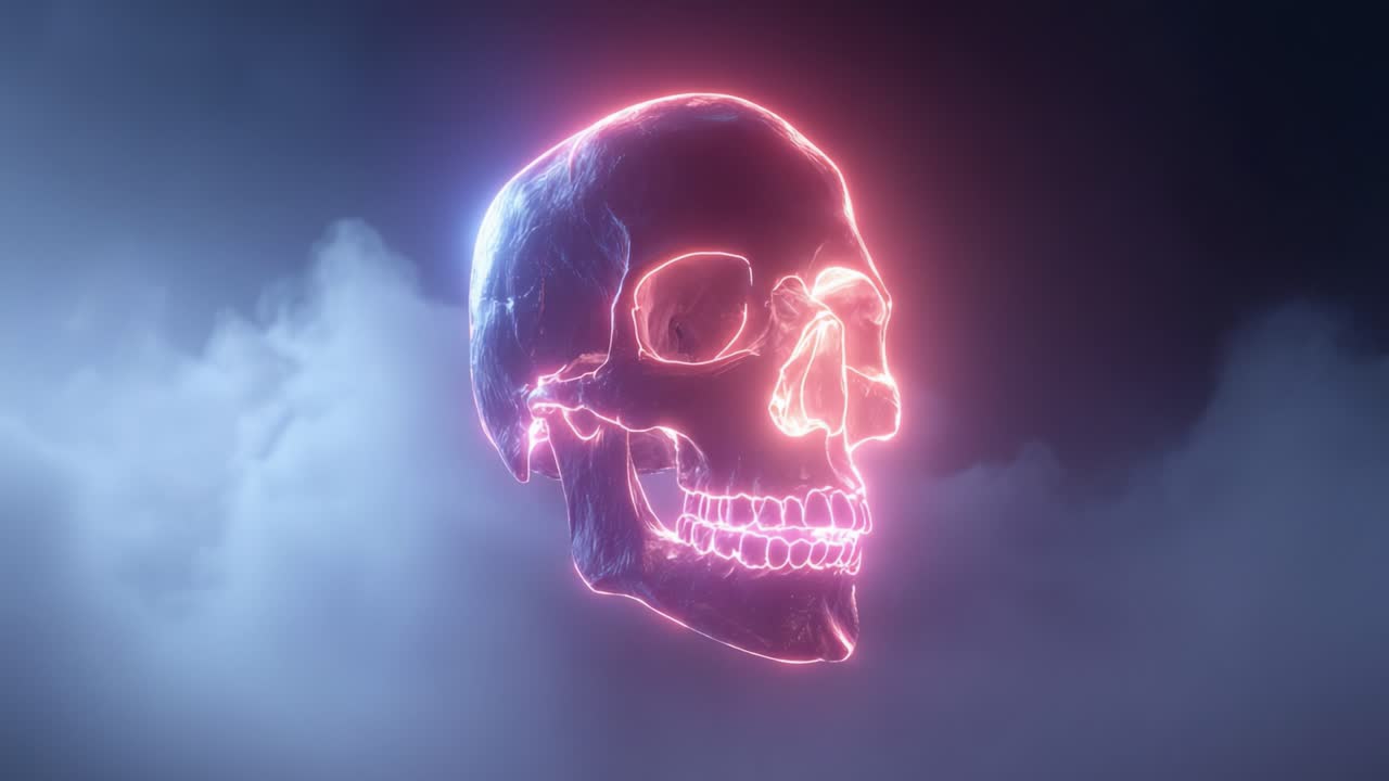Un teschio neon radioso che illumina l'oscurità, circondato da nuvole eteree, che simboleggia la vita, la morte e i misteri dell'esistenza in un regno surreale