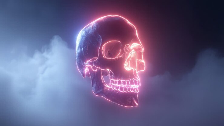 Un teschio neon radioso che illumina l'oscurità, circondato da nuvole eteree, che simboleggia la vita, la morte e i misteri dell'esistenza in un regno surreale
