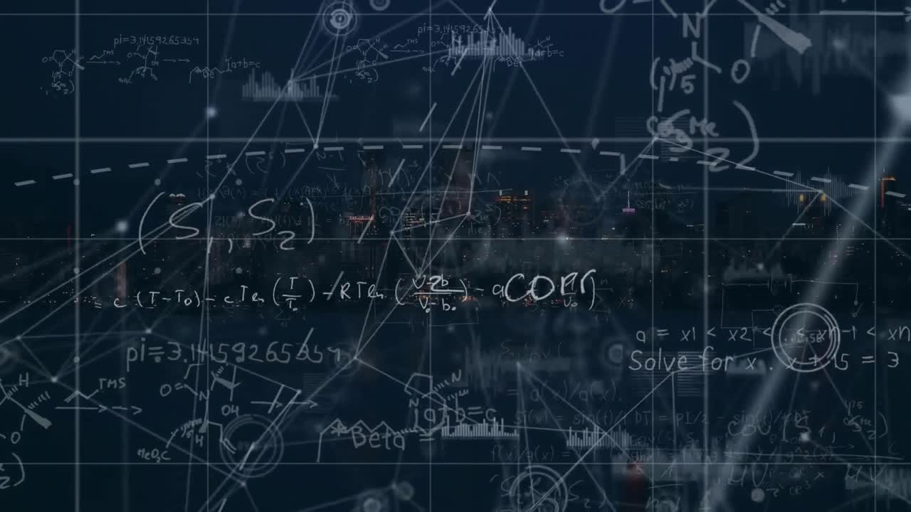 animación de la red de conexiones con procesamiento de datos y ecuaciones matemáticas sobre la ciudad