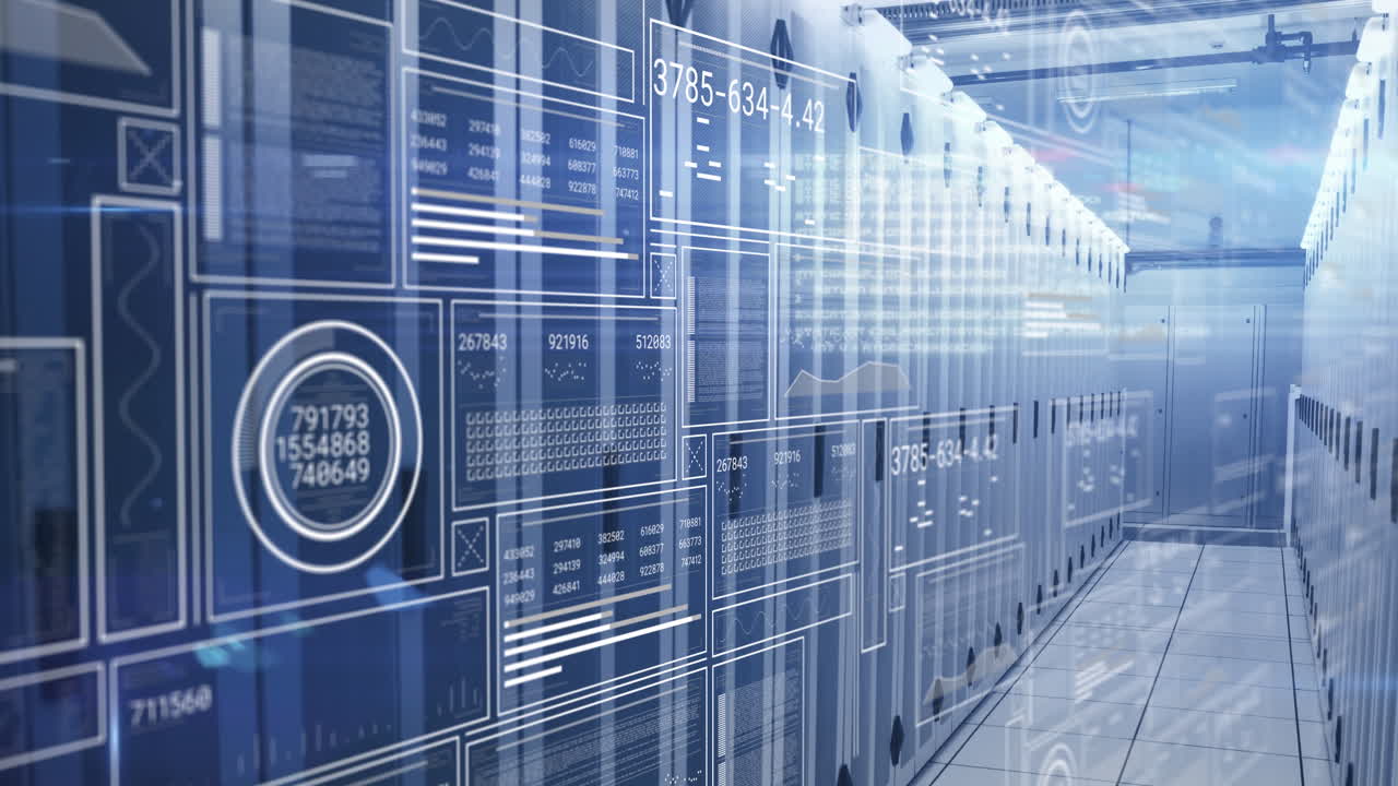 Data processing on interface screens over computer server room