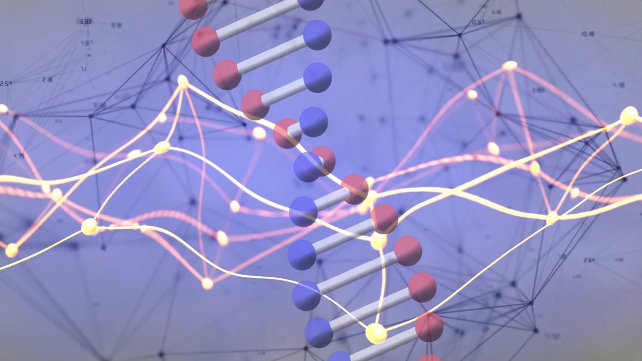Helix se vynořuje, rotuje a klouže po vlnících se žluto-růžových stuhách, zatímco reflektor zaostřuje data.