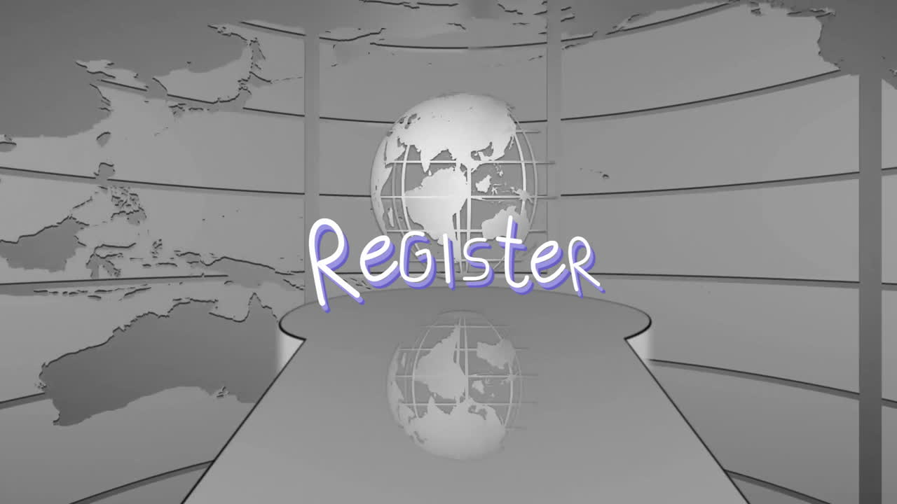 Animation of text registering over globe and map in grayscale school setting