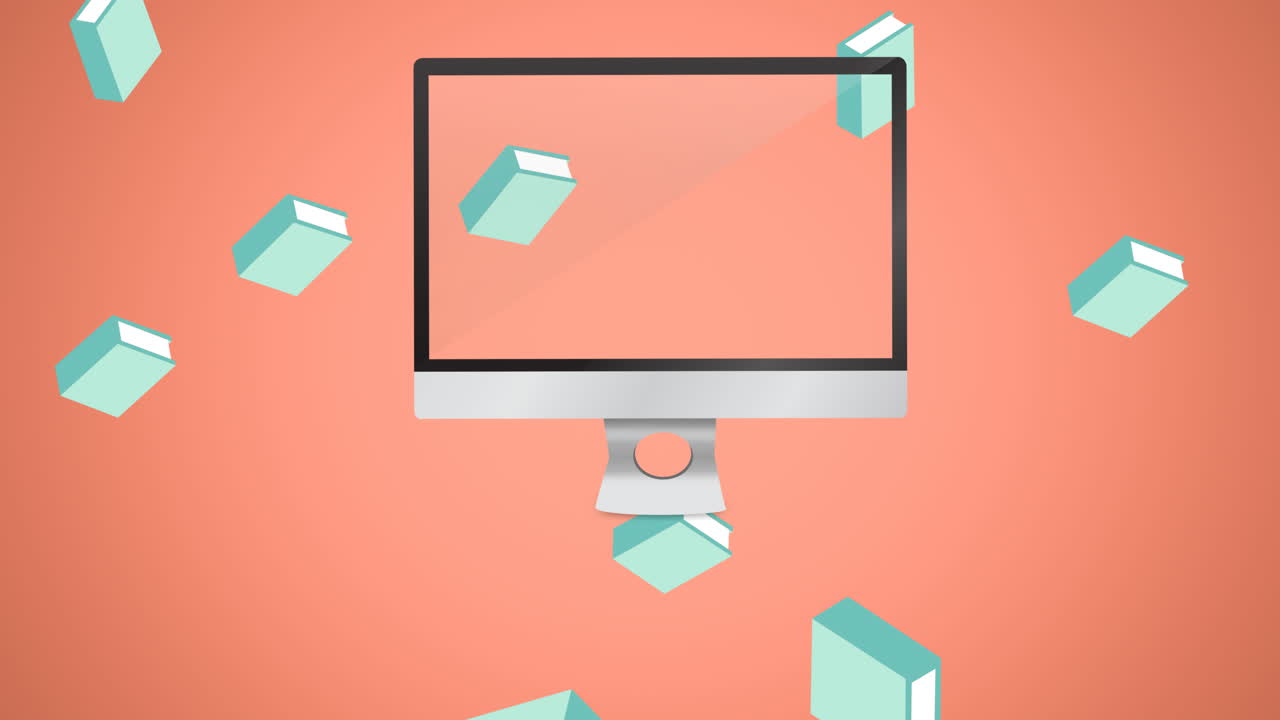 animación de cuadernos azules que caen y pantalla de computadora en rosa