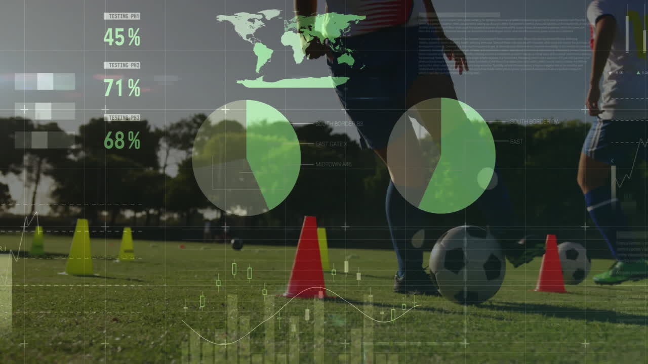 Soccer players practicing on field with data analytics overlay animation