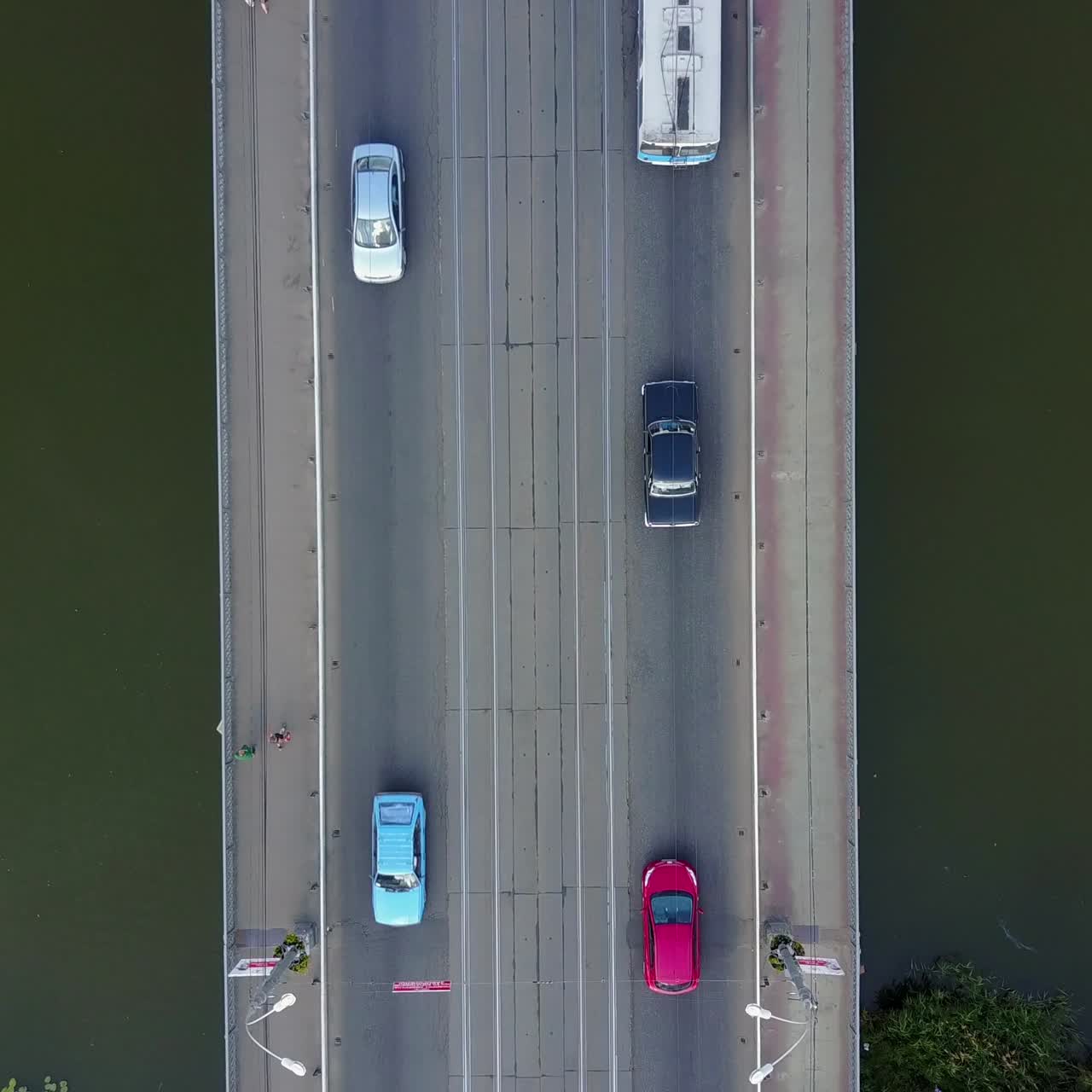 Bridge Road With Automobile Traffic. VINNITSA, UKRAINE - JULY 2017: Aerial top view of bridge road automobile traffic of many cars, transportation concept