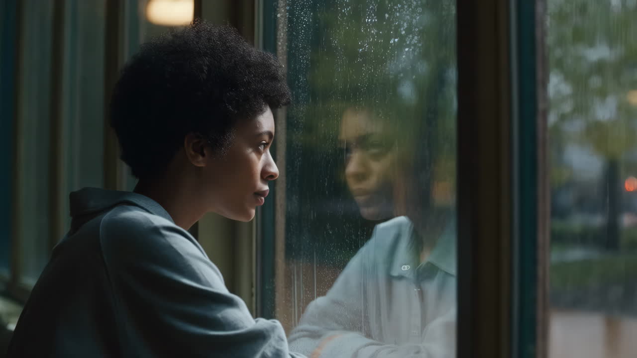 Femme regardant par une fenêtre pluvieuse