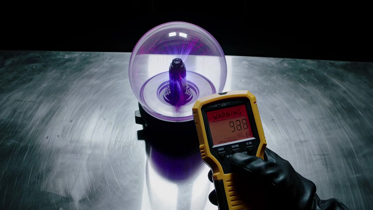Gloved hand moves measuring device closer to illuminated plasma globe on metallic tabletop as purple glow changes across frames, with high contrast lighting and focused close viewpoint.