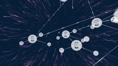 animación de la red de conexiones con iconos digitales sobre la explosión púrpura