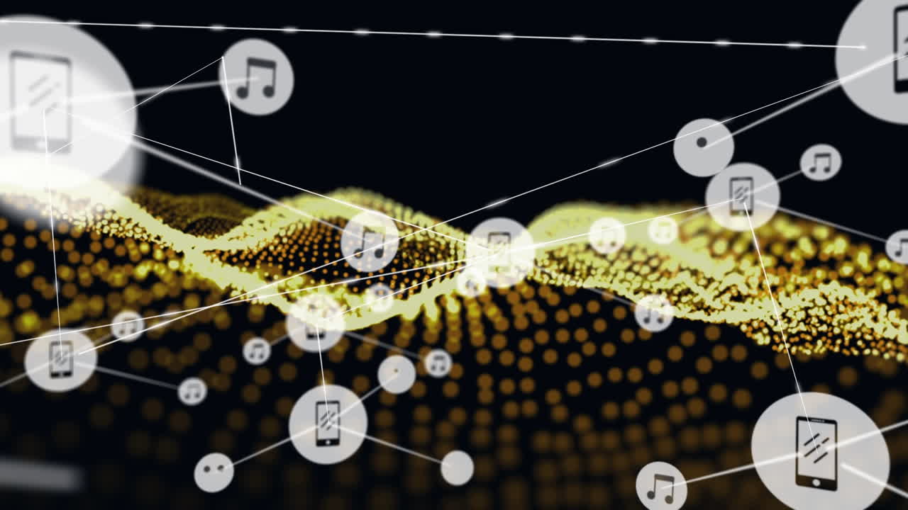 메쉬와 검은색 배경 위의 아이콘으로 연결 네트워크의 애니메이션