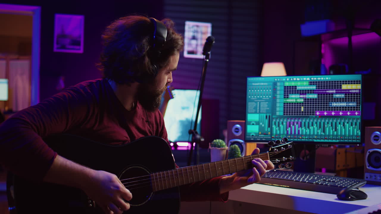 ingeniero de sonido tocando guitarra acústica y usando la consola de mezcla para grabar música