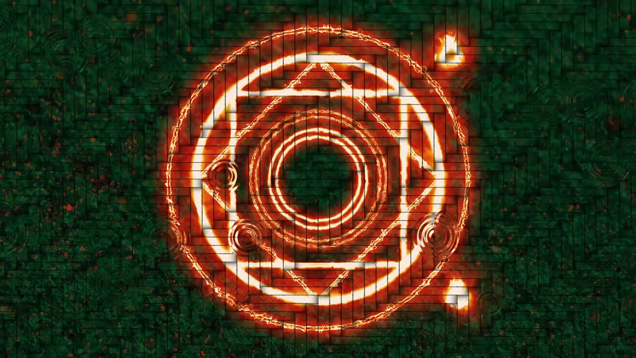 círculo de llama mágica energía poderosa multicapa elemento de luz roja y bola de fuego amigo y gota de lluvia en el fondo del piso de ladrillo