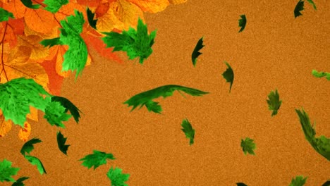 Animation-of-multiple-autumn-leaves-falling-on-brown-background