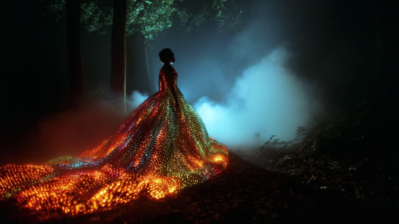 A mesmerizing figure stands in the forest, illuminated by a vibrant, shimmering gown made of colorful lights, creating a dreamlike atmosphere filled with mystery and enchantment amidst the fog and trees