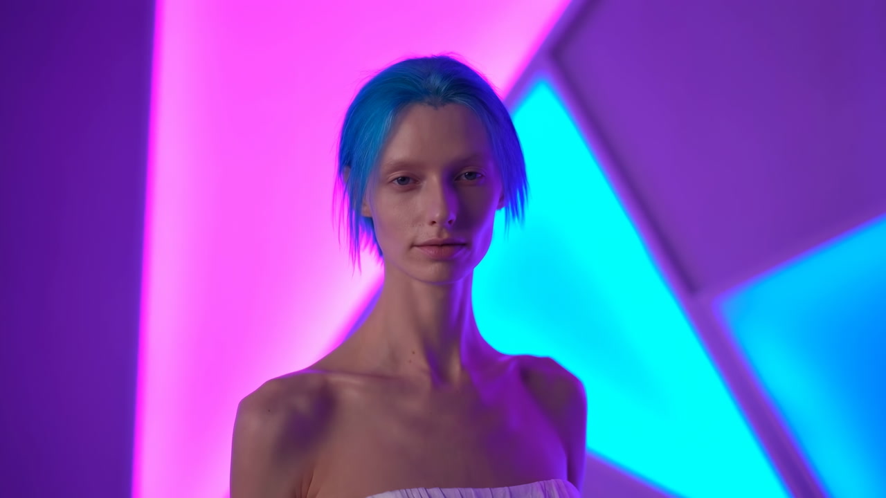 Neon Studio Portrait Blue Hair Model Posing In Geometric Backlight, Strapless Top, Soft Shoulder Illumination,
