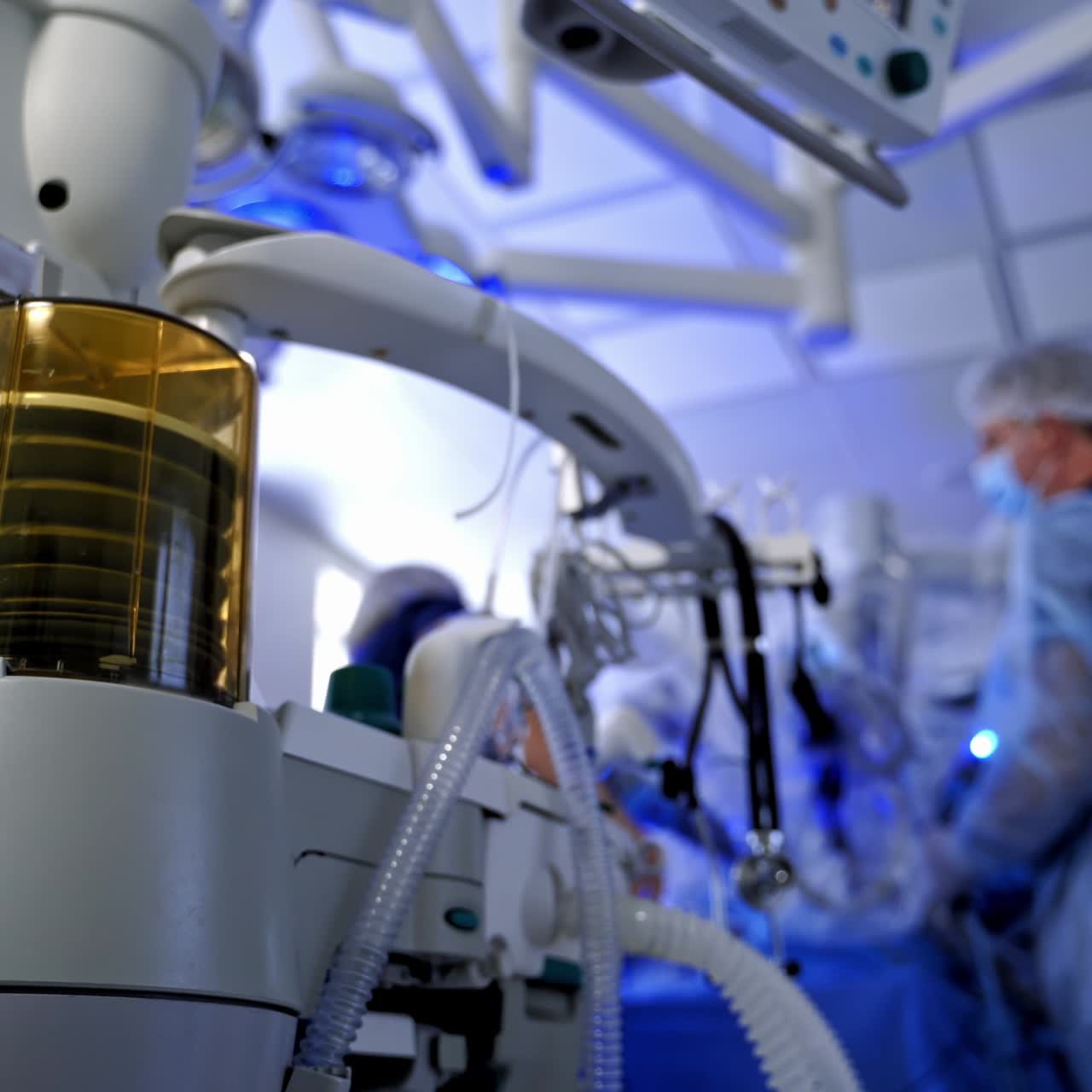 Movement of pulmoflator during surgery. Medical device for artificial lung ventilation. Saving life during COVID-19 and coronavirus.