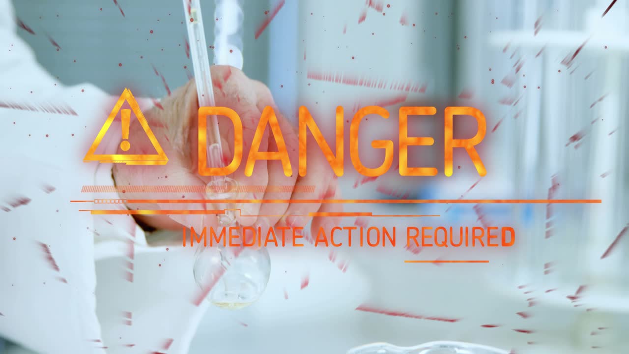Sr chemist placing pipette above flask and adding liquid signaling DANGER overlay obscuring hand