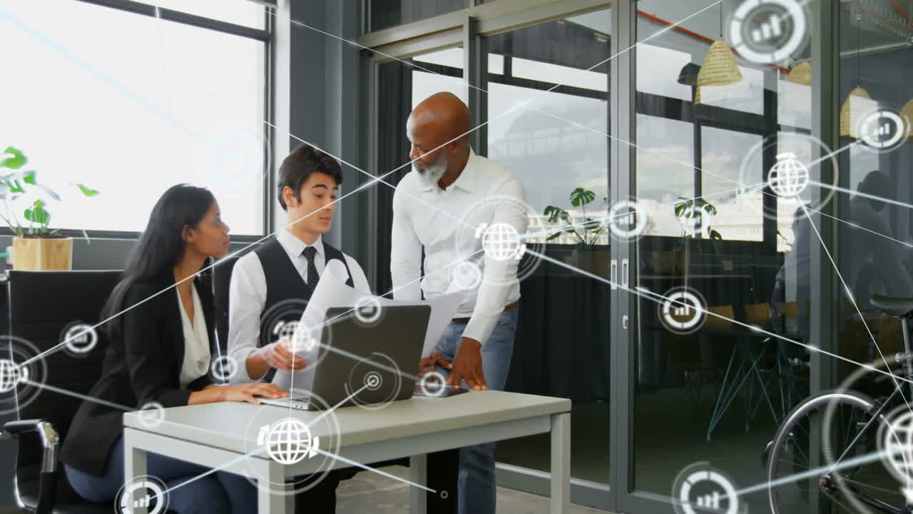 Animation of network of connections with icons over diverse business people in office