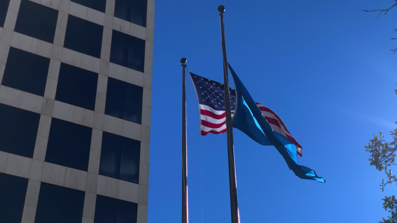 オフィスビルの前のアメリカ合衆国とルイジアナ州の旗、スローモーション30fps。
