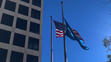 Estados-Desatados-Y-Bandera-De-Louisiana-Frente-Al-Edificio-De-Oficinas-A-Cámara-Lenta-30fps