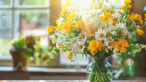 a vase filled with yellow and white flowers sitting on a table