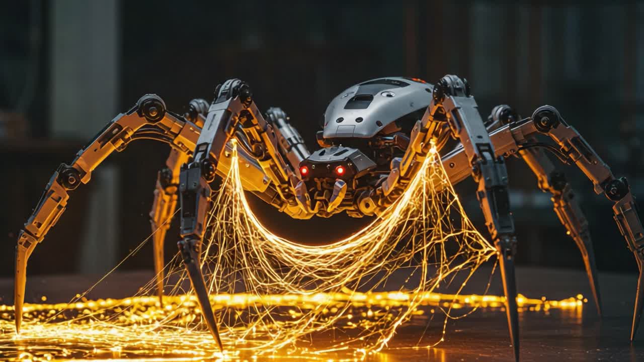 A Futuristic Robotic Spider Creating Sparks: An Intriguing Display of Engineering and Creativity with a Metallic Aesthetic and Illuminating Threads of Light