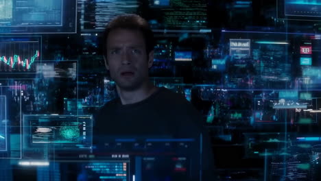 man surrounded by futuristic digital data screens and interfaces