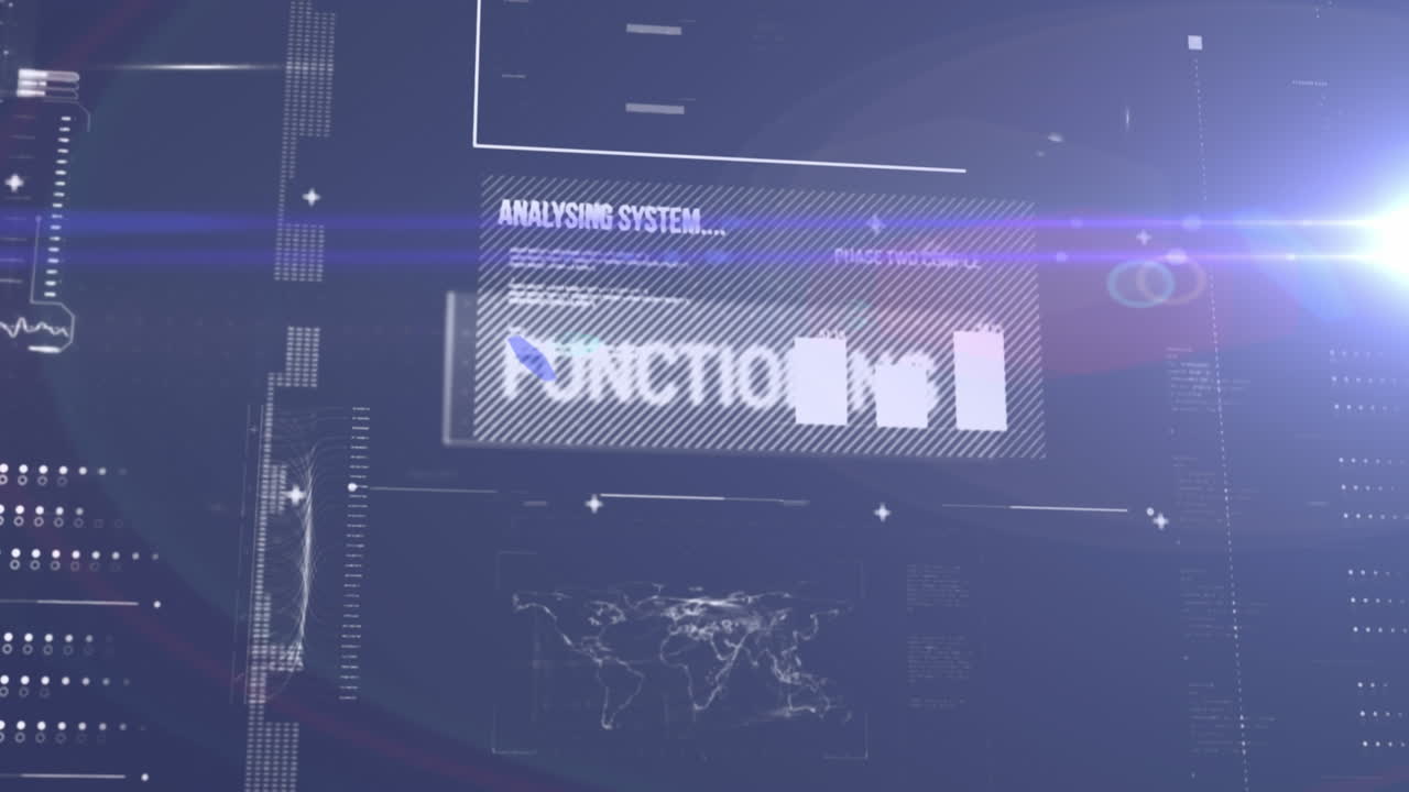 Animation of interface with data processing against light spot on blue background