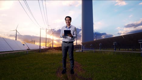 full body of an asian male professional worker standing with solar panel and wind turbines, typing on tablet's keyboard with green screen and look at the factory once