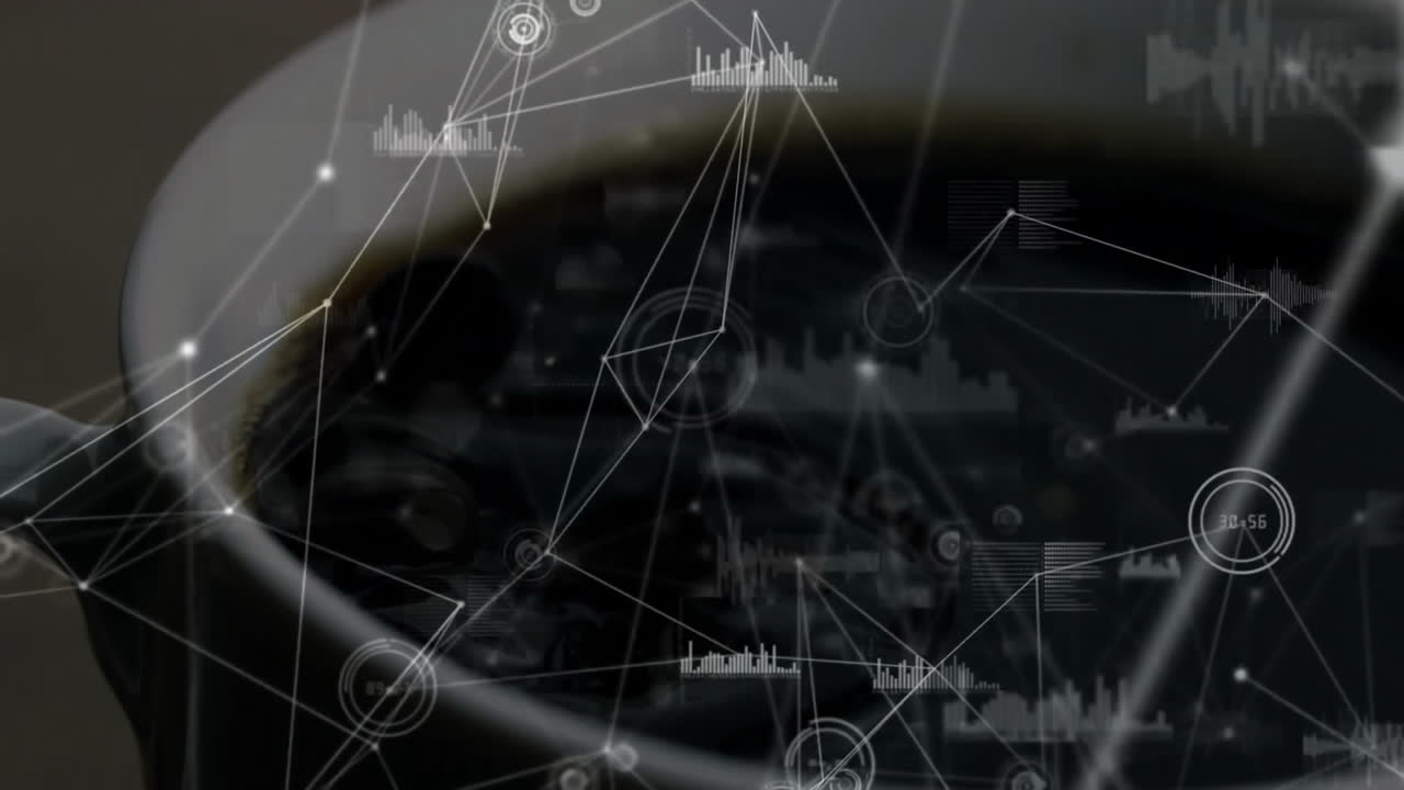 Translucent data network overlay floating above metal rim, presenting dynamic nodes and charts