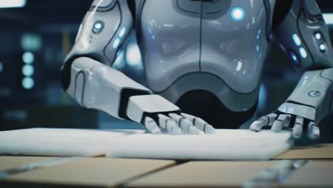 advanced robotics in action: a futuristic robot effortlessly organizing packages with precision and care in an automated warehouse environment