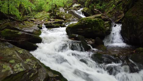 rocky river with watefalls in forested surroundings in drone view