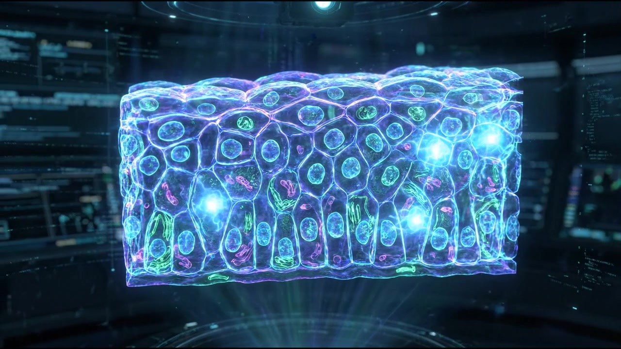 Array of microscopic cell structures under digital lab analysis
