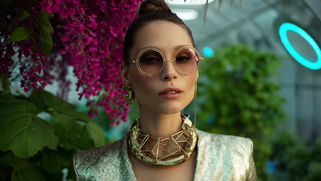 A striking portrayal of a fashionable individual in stunning sunglasses and elaborate jewelry, set against a backdrop of vibrant flowers and a futuristic ambiance that highlights elegance and style