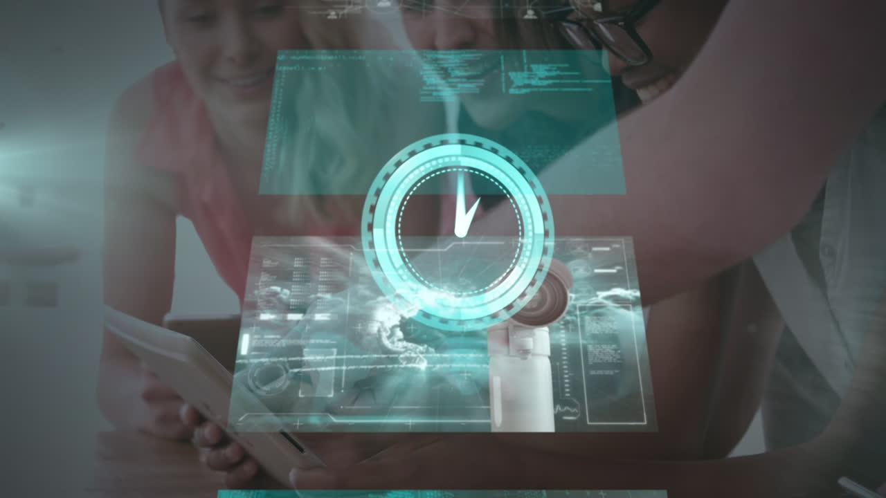 animación de reloj y pantallas móviles sobre la gente de studding